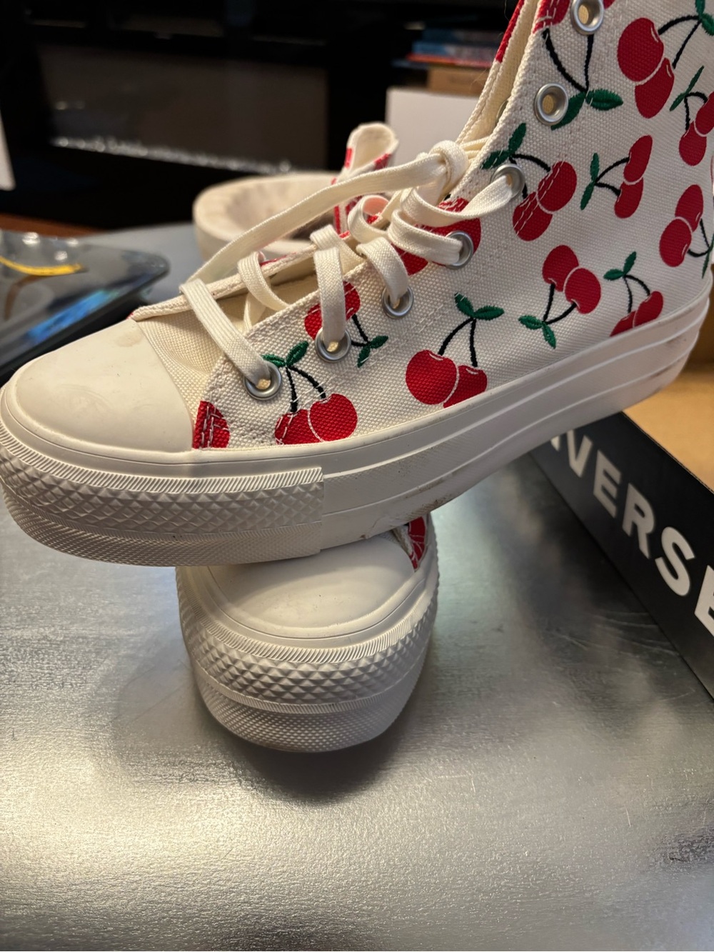 Converse High Top Sneakers in White with Red Cherry Print - Picture 8 of 9